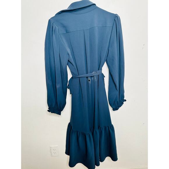 OSMAN YOUSEFZADA Blue Twill Ruffle Button Front Parachute Sleeve Shirt Dress 8 - Picture 10 of 15